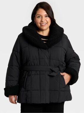 NWT Ava & Viv Women's Belted Faux Shearling Puffer Jacket…